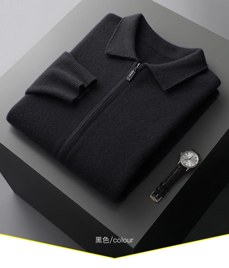Men's Cardigan 100% Pure Cashmere Jacket Zippered Lapel Knit Sweater, Loose Thickened Long Sleeved Business Casual Autumn Winter
