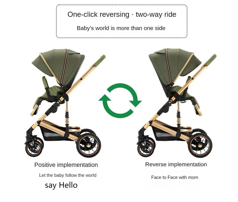 High View Two-way Stroller Eggshell Sleeping Basket Can Sit or Lie Down Lightweight Four Wheel Stroller Luxury Trolley Pushchai