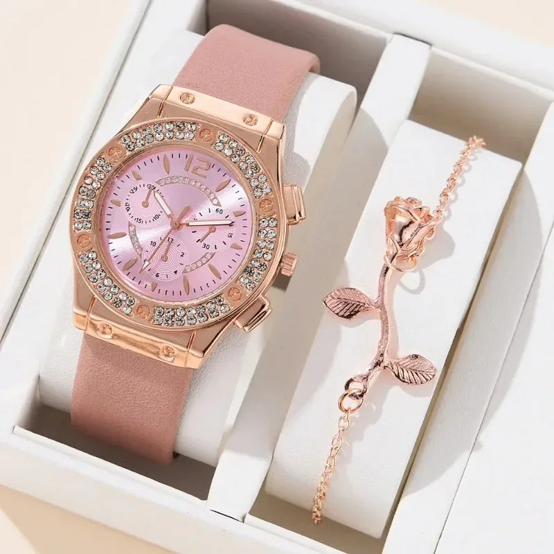 2pcs Elegant Wristwatch Flower Bracelet Watches Set Luxury Rhinestone Women Quartz Watch for Girl Ladies Clock Relogios Feminino