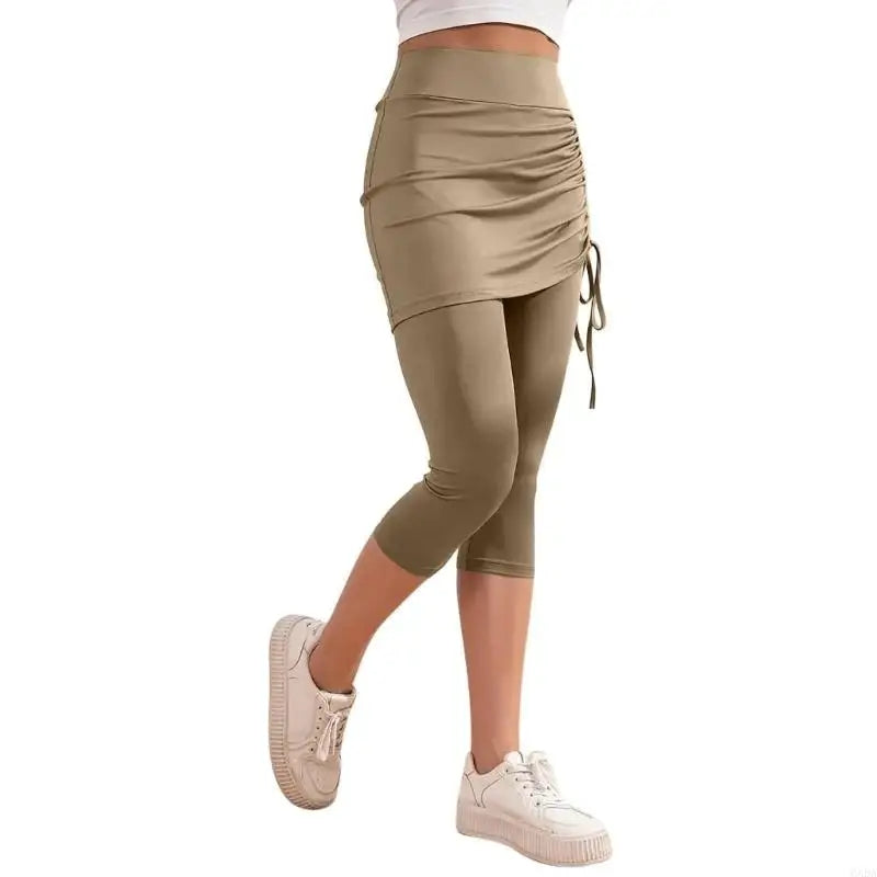 Womens Leggings Tummy High Skirted Leggings Drawstring Side Ruched Fit Workout Bottom 6XDA