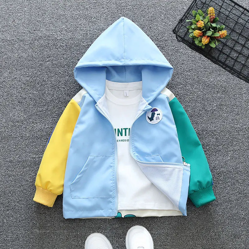 1 2 3 4 5 6 Years Boys Coats Patchwork Cartoon Dinosaur Pattern Hooded Windbreaker Leisure Overcoat For Kids Birthday Present