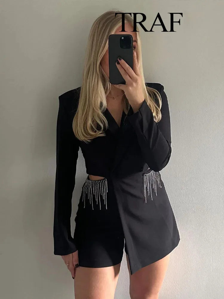 TRAF 2024 Spring Fashion Causal Tassel Playsuits Long Sleeve Vintage Woman Elegant Hollow Out Blazer Jumpsuit Slim Tops