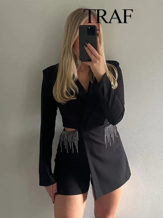 TRAF 2024 Spring Fashion Causal Tassel Playsuits Long Sleeve Vintage Woman Elegant Hollow Out Blazer Jumpsuit Slim Tops