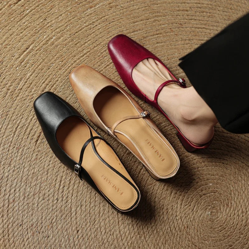 2026 New Summer Women Mules Genuine Leather Women Shoes Squared Toe med Heel Cover Toe Slingback Shallow Modern Slippers