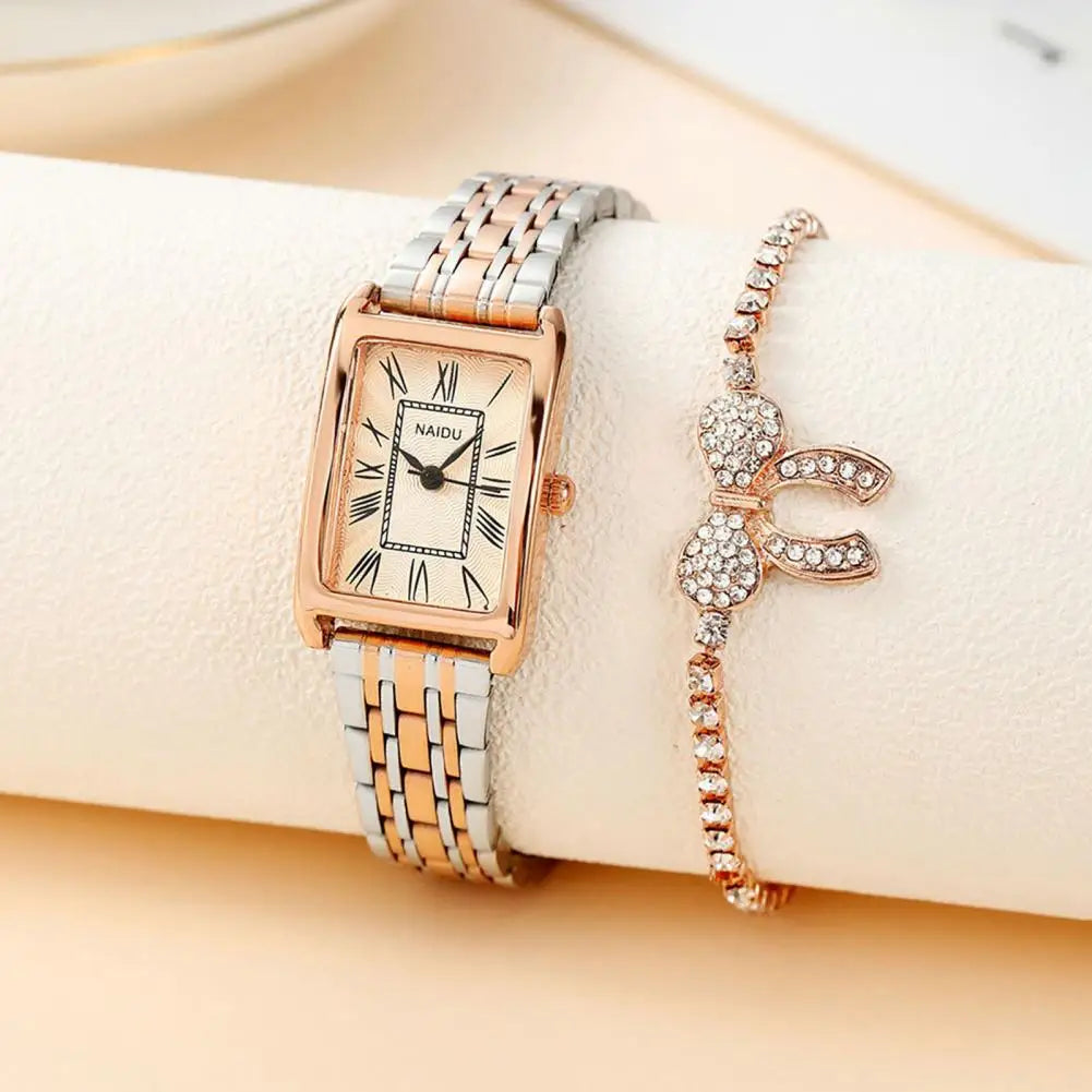 Women Watches Fashion Square Ladies Quartz Watch Bracelet Set Green Dial Simple Rose Gold Mesh Luxury Women Watches