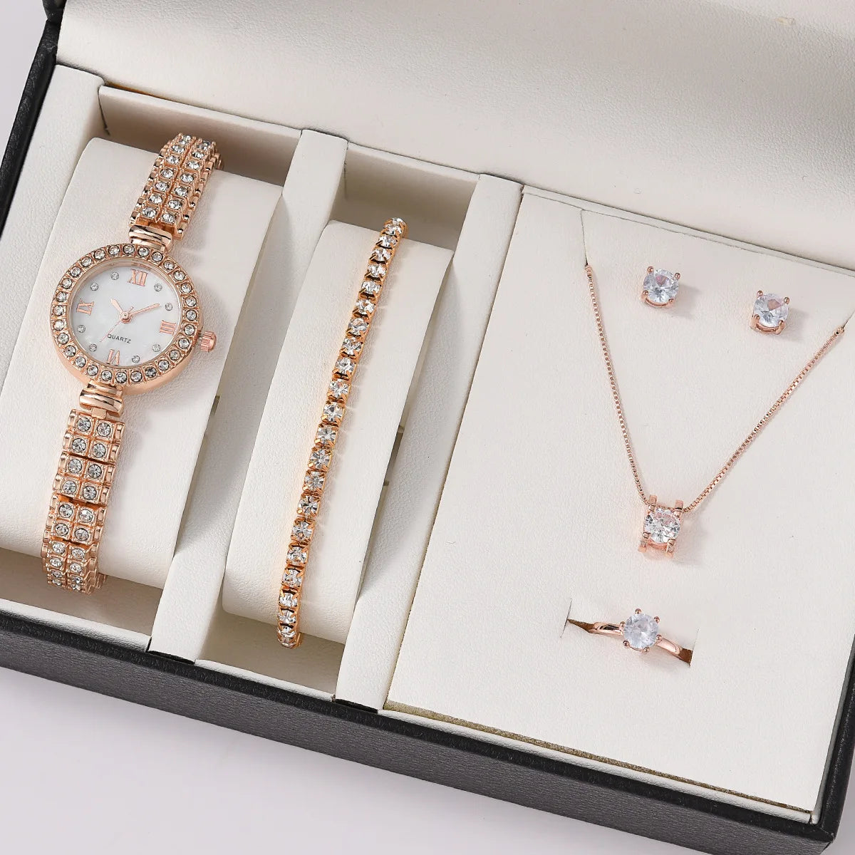 New 6PCS Set Rose Gold Luxury Watch Women Ring Necklace Earring Rhinestone Fashion Wristwatch Casual Ladies Bracelet Watches