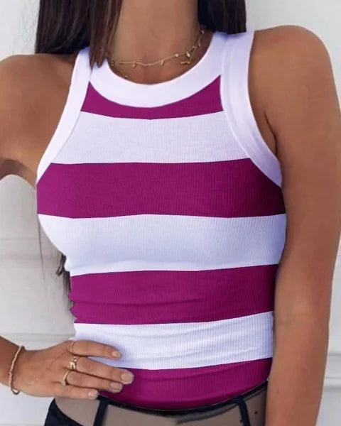 Women's Clothing Tops Tanks Camis Digital Printed Round Neck I-Shaped Vest Sexy Summer Striped Sleeveless Vest for Women Vests