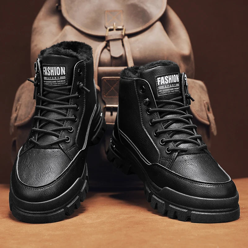 Winter Fleece-Lined Warm High-Top Men's Boots, Korean Style Versatile Men's Boots, Thickened Lightweight Cotton Shoes, Trendy Outdoor Snow Boots