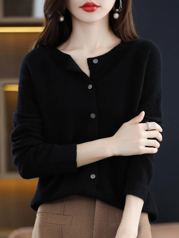 Women Cashmere Sweater 100% Merino Wool Knitted Cardigan Autumn Winter  Knitwear O-Neck Female  Solid Color Casual Fashion Top