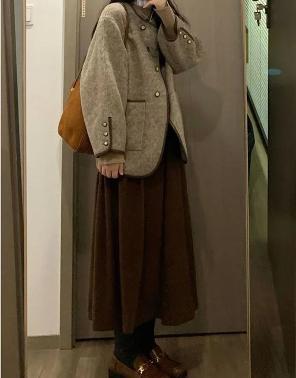 Wool Blend Coat for Women Short Plain Half Long Sleeve Elegant Mixtures Jacket Woman Fashion 2025 Winter Clothes Single Cheap