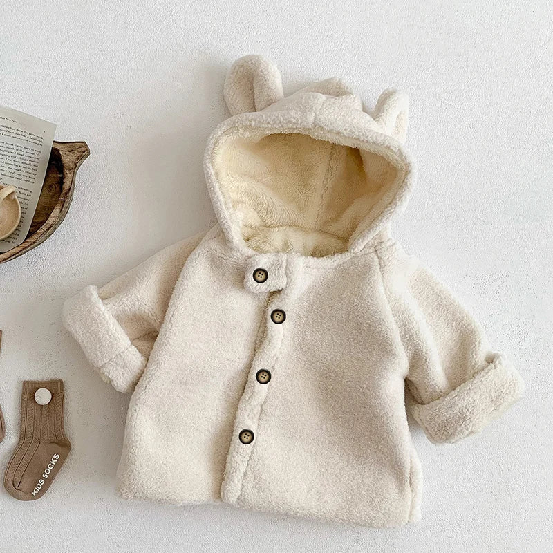 Winter Style Newborn Baby Girls Boys Solid Color Hooded Plush Cardigan Coat Toddler Baby Girl Boys Thicken Warm Jacket