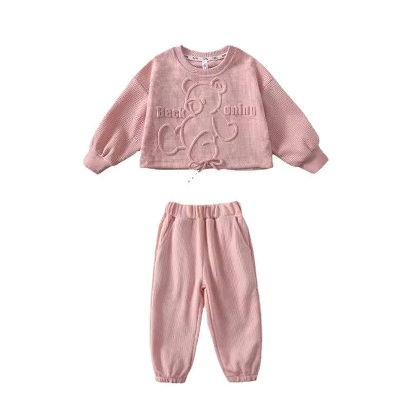 Traje de primavera para niñas, suéter deportivo de dos piezas con cuello redondo y pantalones, suéter informal a la moda para niños y niñas, novedad de 2024