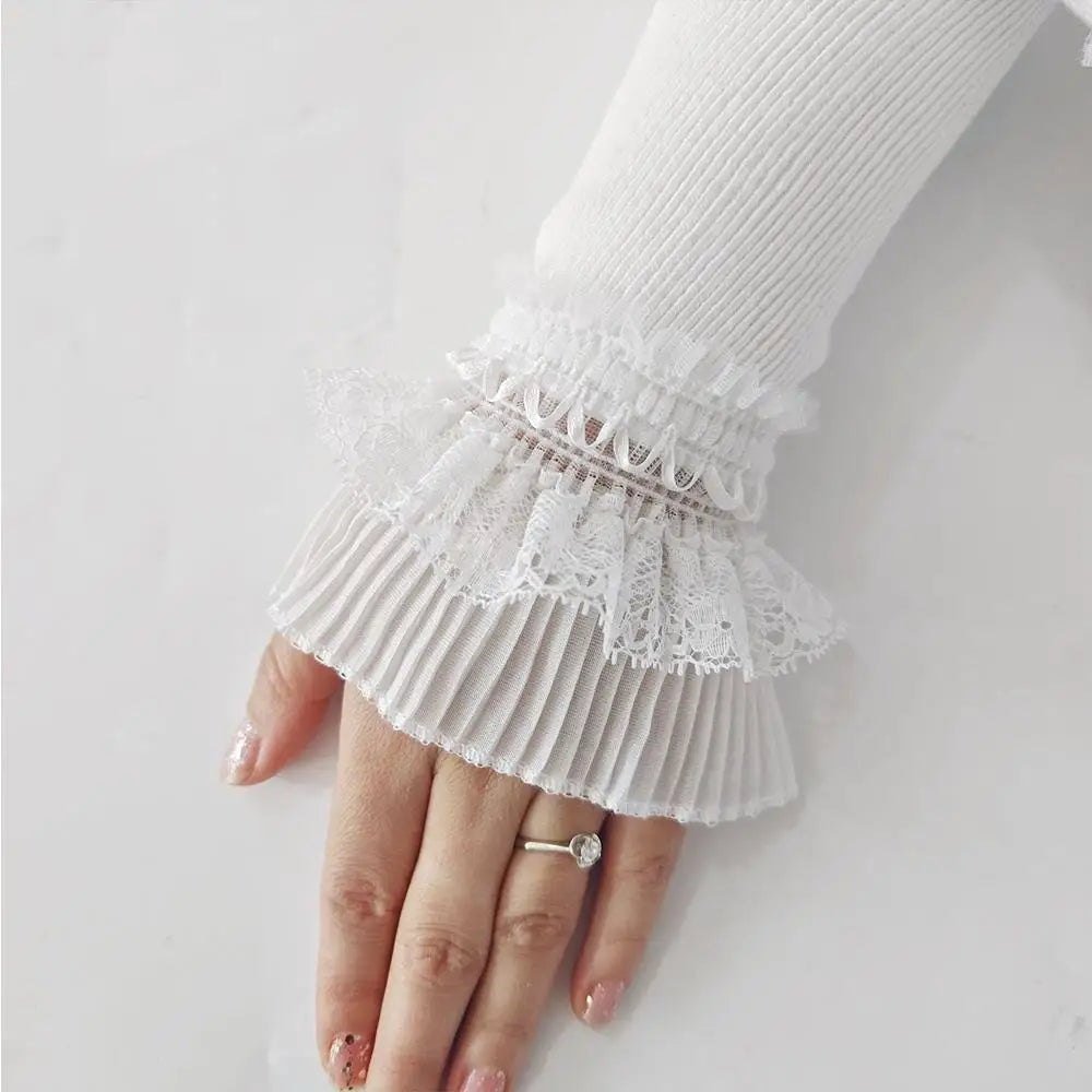 Women Sweater Fake Sleeves Hollow Out Crochet Floral Lace Horn Cuffs Embroidery Ruffles Elastic Wrist Warmers Lolita False Cuffs