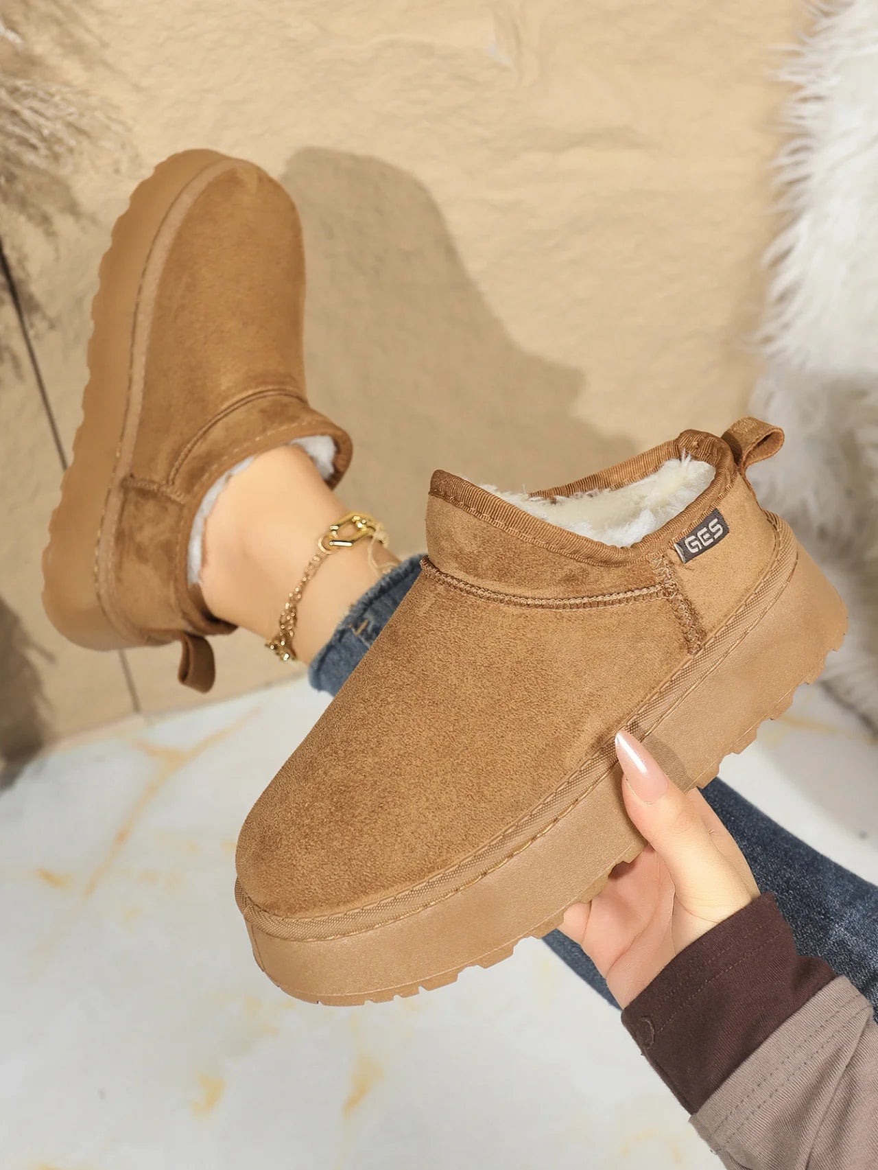 Snow Boots for Women 2026 Winter New Cashmere Warm Thick Soles Without Heel-covered Hair Half Slipper Cotton Shoes for Women