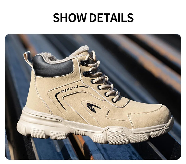Winter Plush Work Boots For Men Ankle Anti-smash Anti-puncture Safety Shoes Steel Toe Protective Male Footwear Indestructible