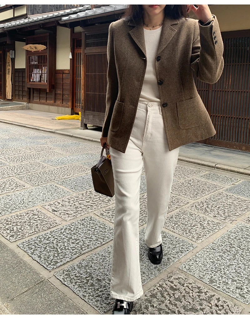 50 Wool Women Notched Collar Blazer Jacket Coat Fall Winter Thick Warm Overcoat Pocket Fashion Slim Waist Buttons Coat 2024 New