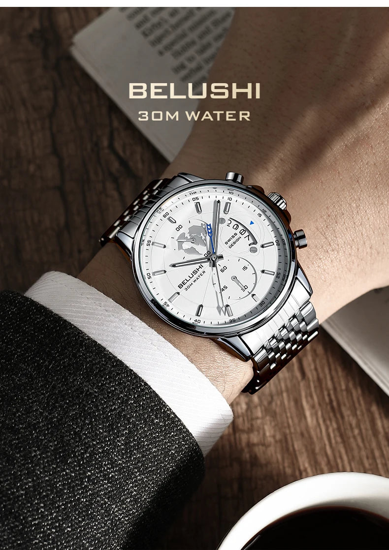 BELUSHI New Men Watches Luxury Brand Business Casual Watch For Men Stainless Steel Big Dial  Quartz Chronograph Clock Waterproof