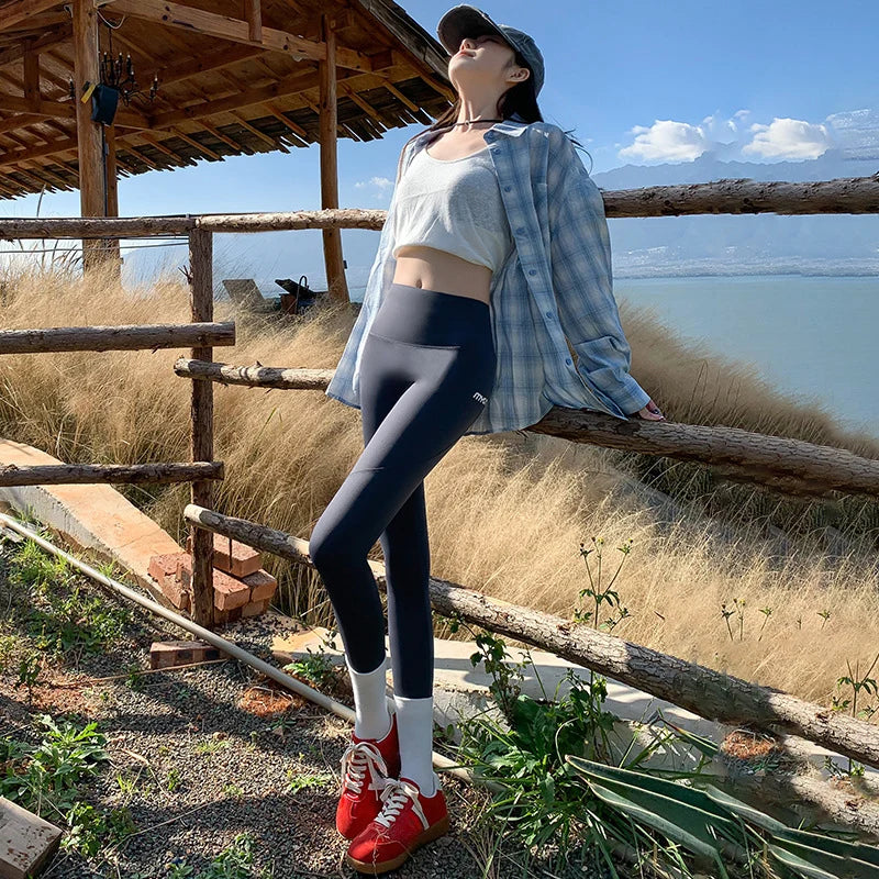 Spring Autumn Thin Sharkskin Leggings Women Side Pocket Hiking Cycling Sports Leggings Woman Naked Feeling Stretch Leggings Lady