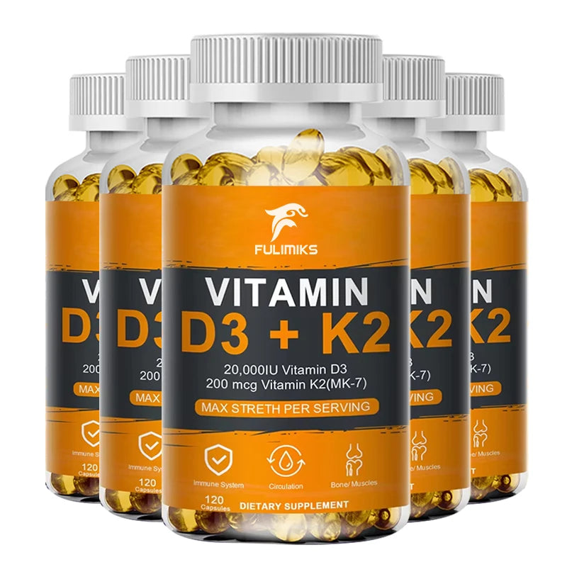 Vitamin D3 K2 Capsule - 20,000 IU Vitamin D3 Promotes Strong Bones, Calcium Absorption, Teeth, Heart, Cardiovascular Health