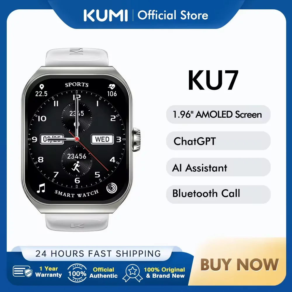 KUMI KU7 Smart watch 1.96" Amoled screen NFC IP68 Waterproof 100+Sport Modes  Bluetooth Call Health Sleep Monitoring