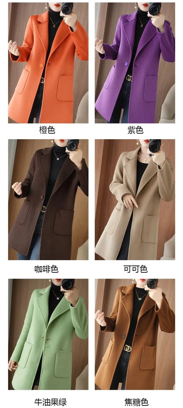 100% Pure Wool Double-Sided Cashmere Jacket Women Overcoat  Autumn Winter New Mid-Length One-Button Slim Wool Windbreakers coat