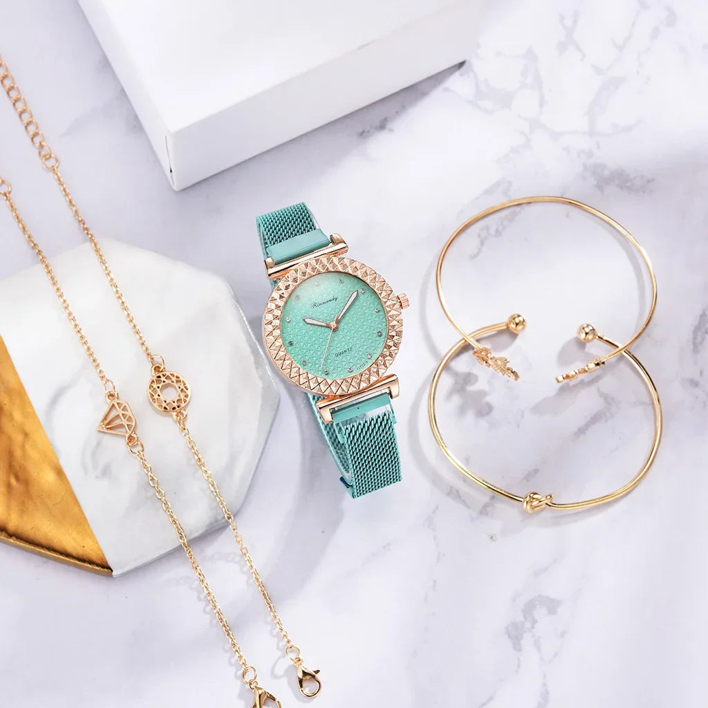 Luxury 5pcs Set Bracelet Watch Women Elegant Magnet Diamond Ladies Quartz Wrist Watch Dress Pink Clock Reloj Mujer Dropshipping