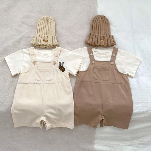 Summer Fashion Infant Solid Pocket Overalls Newborn Boy Baby Loose Suspenders Pants Kid Girl Cotton Thin Casual Jumpsuit