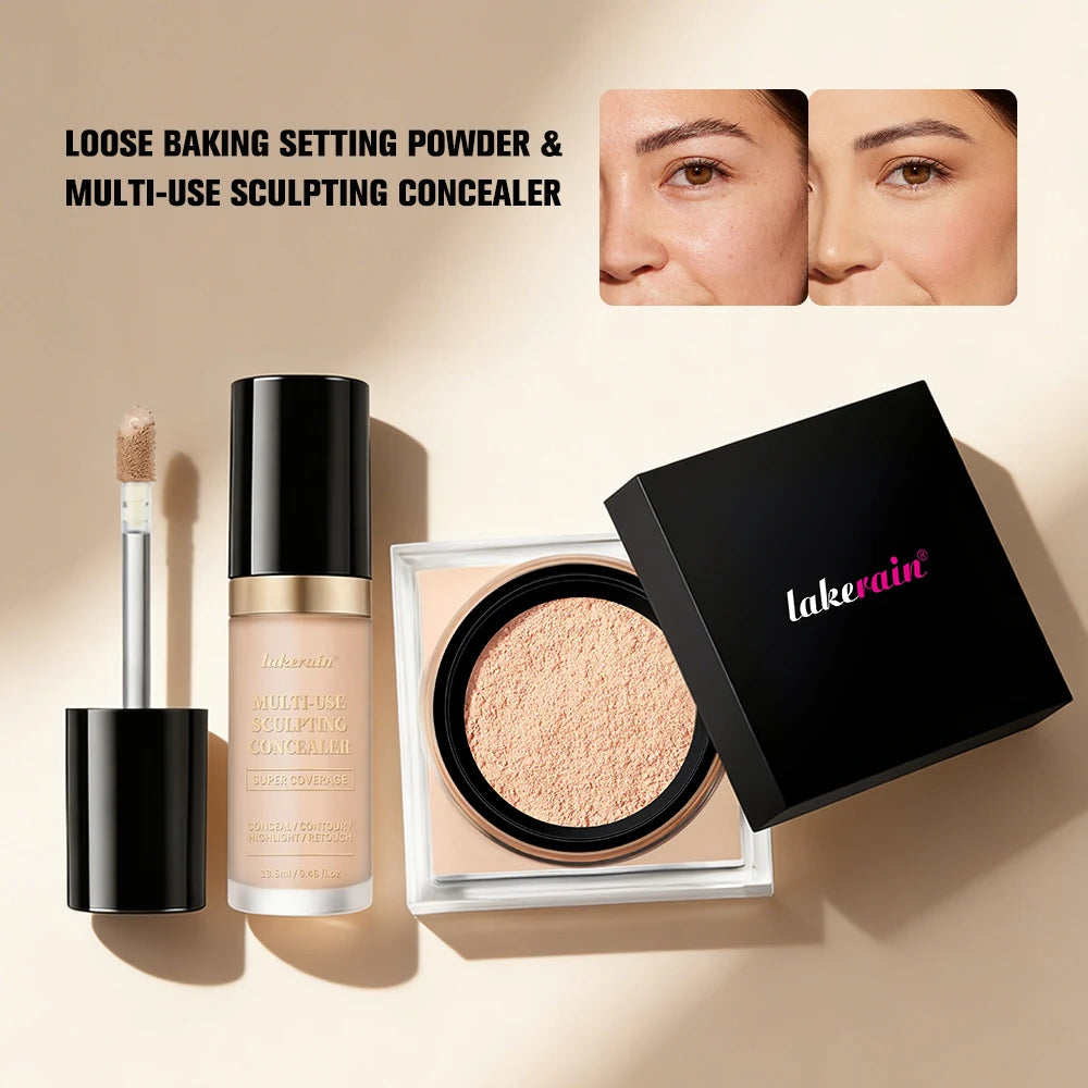 2pcs Face Makeup Set With Concealer And Loose Setting Powder Natural Face Smooth Matte Finish Women Cosmetics Korean Makeup