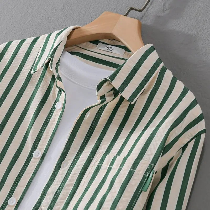 Spring and Autumn Men's Square Neck Button Stripe Pocket Loose Trendy Casual Fashion Elegant Commuting Long sleeved Shirt