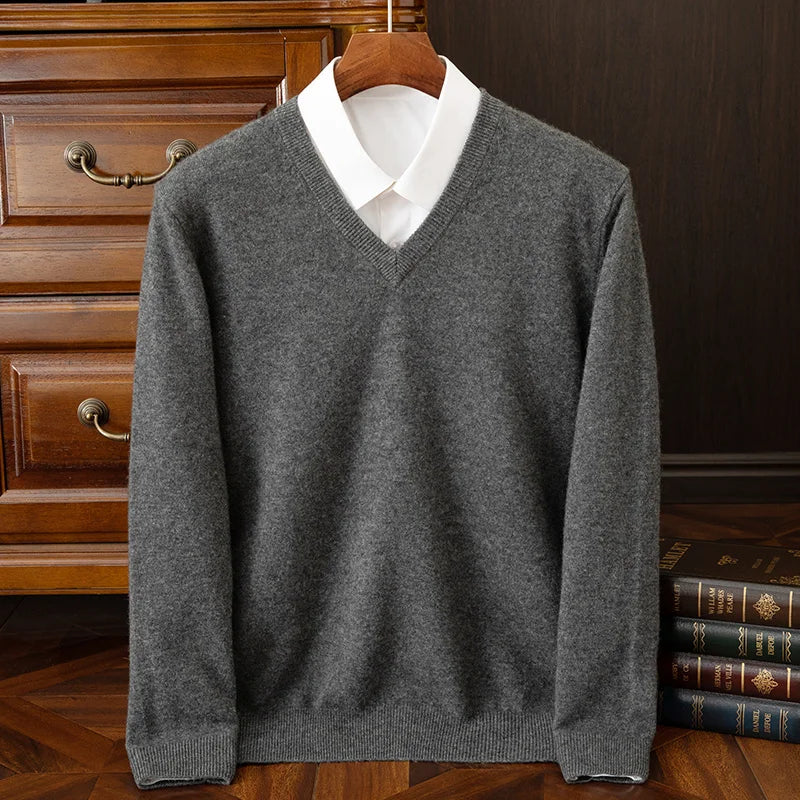 100% Cashmere Men's Pullover Casual Solid Color Knitted Sweater Loose Pull V-Neck Tops Basic Versatile Jumper