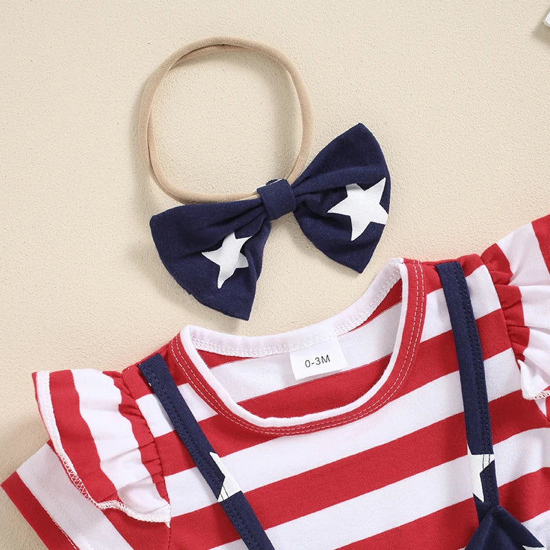 Newborn Baby Girl 4th of July Outfit American Flag Romper Ruffle Short Sleeve Jumpsuit with Headband