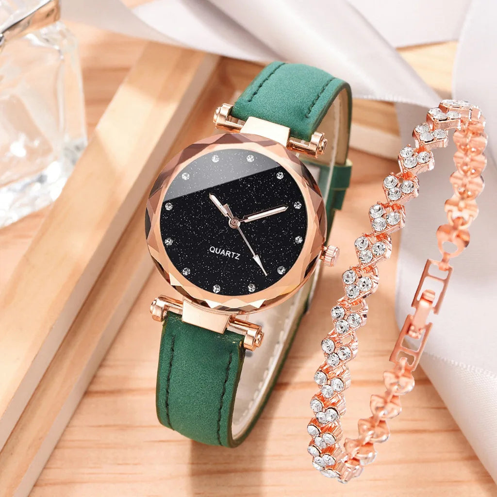 2pcs Luxury Fashion Women Watch Set PU Leather Strap Ladies Quartz Wristwatch Rhinestone RoseGold Alloy Bracelet For Ladies Gift