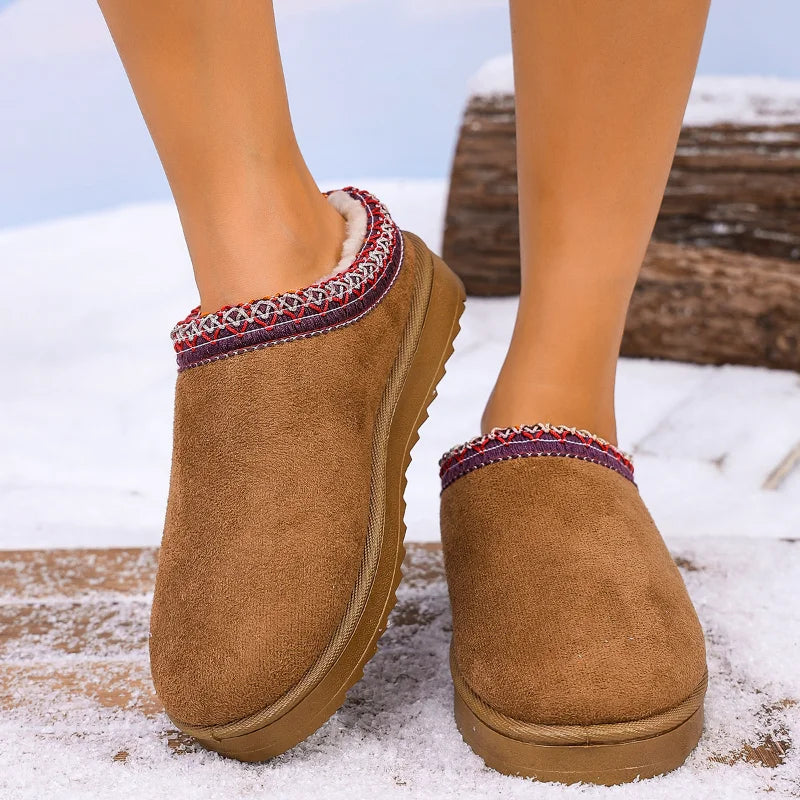 2026 Winter Women Snow Boots Cashmere Warm Thick Soles Without Heel-covered Hair Half Slipper Cotton Shoes Cashmere Warm Boots