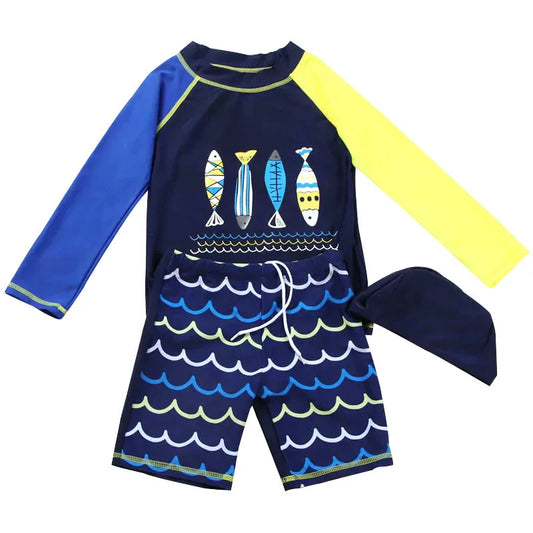 Boy Two Pieces Suit Swimwear Children Long Sleeve Sunscreen Quick Drying  Swimsuit Kid Cool Cartoon Beachwear Bathing Suit