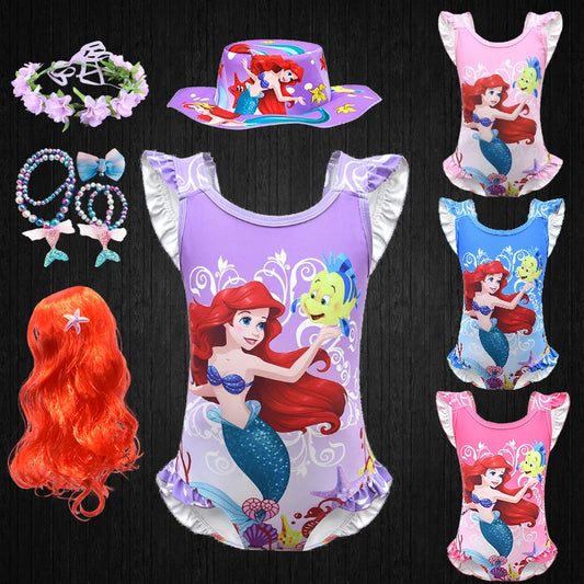 Summer Holiday Beach Bikini One-piece Ariel Swimwear for Girls Mermaid Swimsuit Kids Backless Princess Ruffle Style Swimsuits