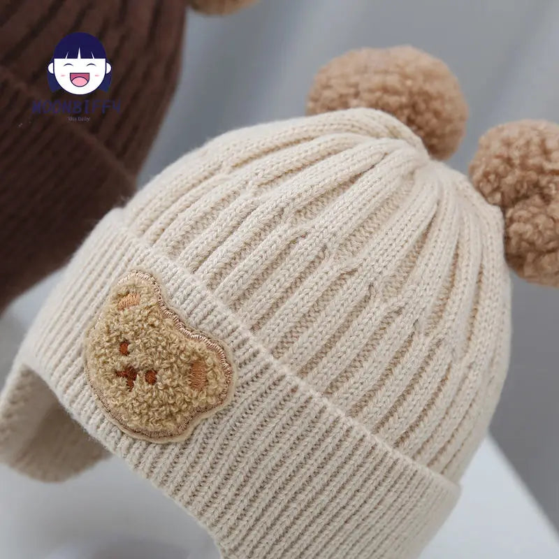 Gorro de invierno para bebé, gorro tejido con protección para la oreja de oso de dibujos animados para niños pequeños, gorros de ganchillo cálidos coreanos para niños y niñas