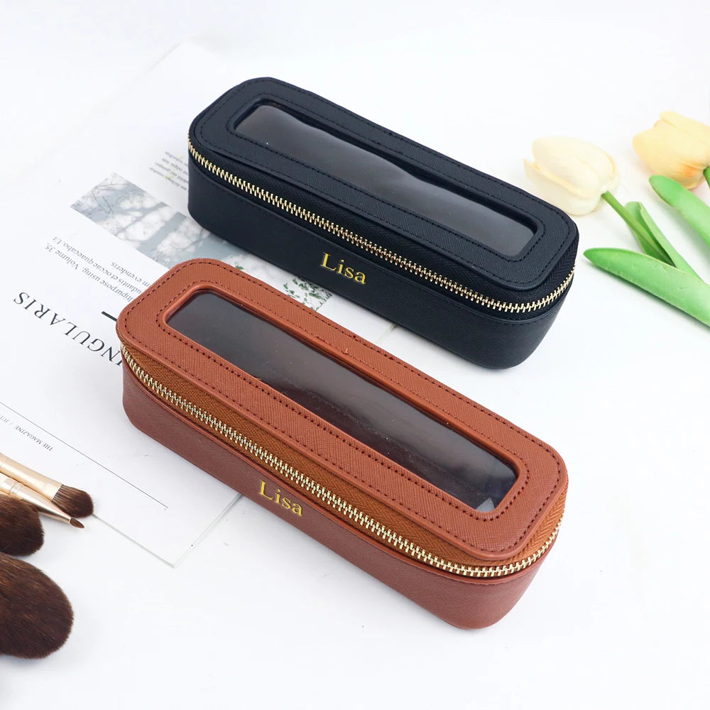 Customized Name PU Leather Women's Transparent Makeup Brush Box, PVC Makeup Bag Women's Toiletries Accessories