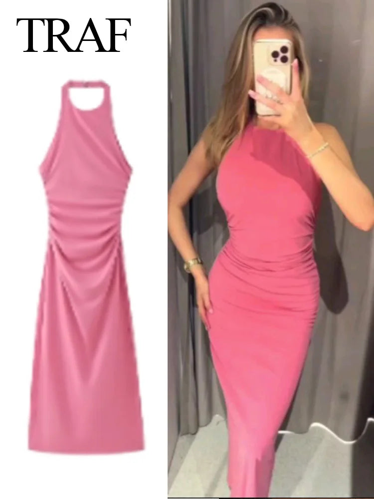 TRAF 2024 Woman Elegant Pink Slit Hem Party Dresses Women Chic Halter Neck Folds Zipper Sleeveless Backless Slim Long Dresses