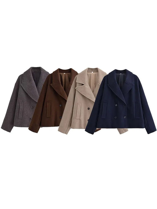 HH Women Winter Fashion Versatile Lapel Double Breasted Wool Short Coat Female Pocket Decoration Solid Long Sleeve Casual Jacket