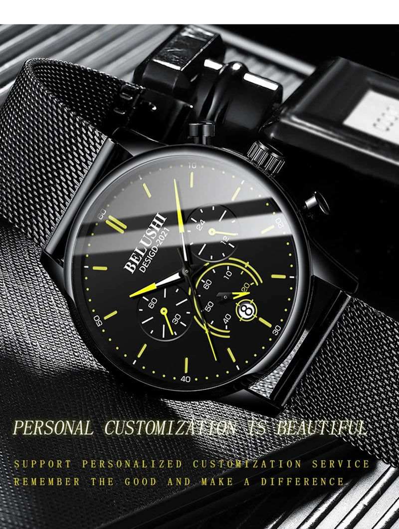 BELUSHI Cool Ultra Thin Mens Watch Luxury Multifunction Stopwatch Calendar Luminous Male Clock Waterproof Mesh Strap Reloj Hombr