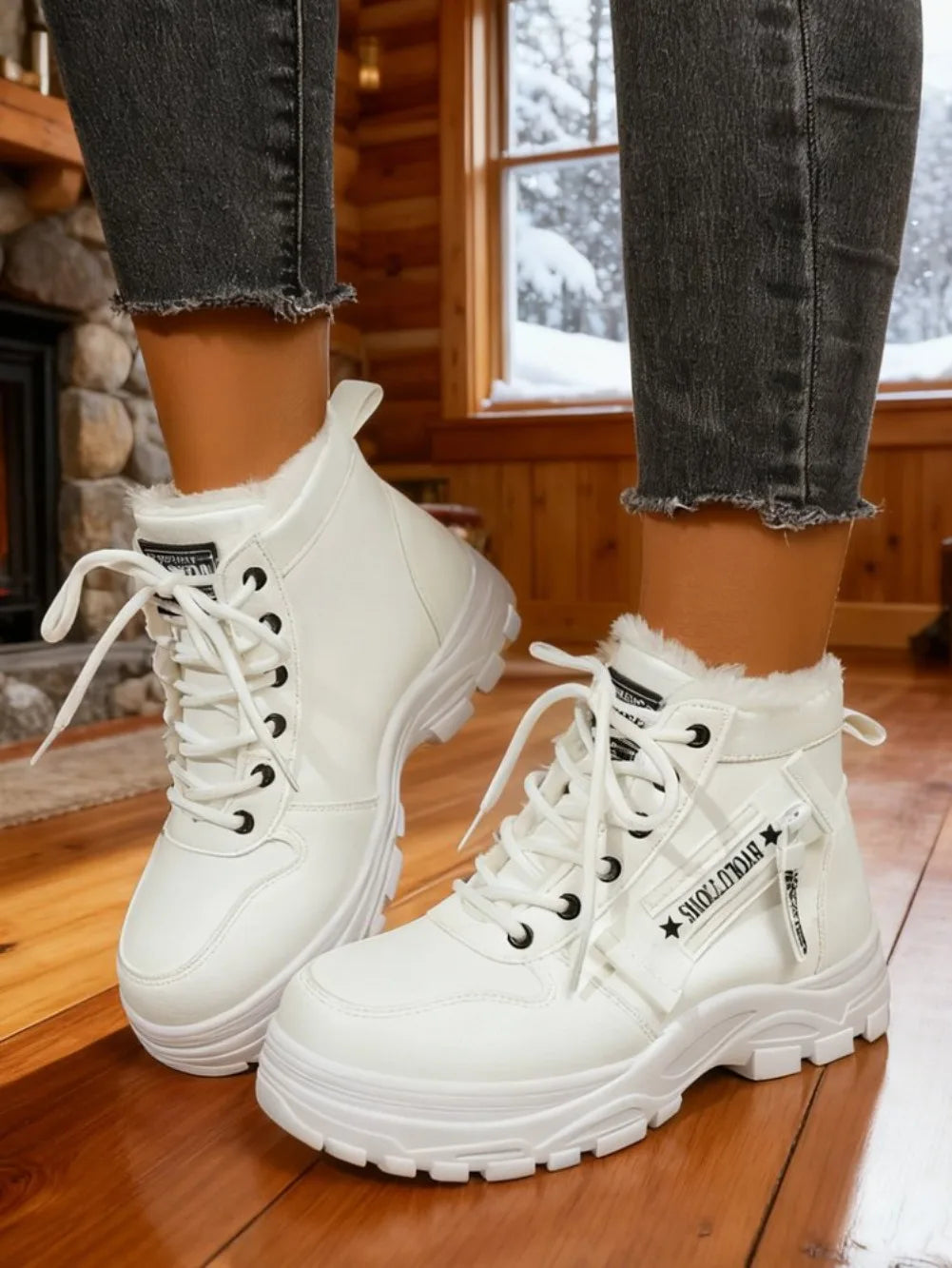 Women's Winter Snow Boots Warm Plush Lined Lace Up Chunky Platform Sneaker Booties Side Zipper Outdoor Walking Shoes for Ladies