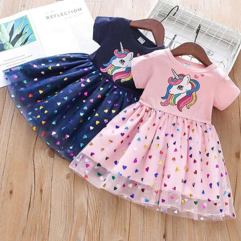 Kids Dresses for Girls Sohort Sleeve Unicorn Girls Sequins Costume Princess Dress Kids Daily Clothes