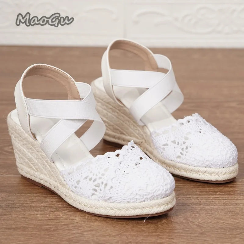 Women's Espadrilles Summer Lace Wedge Sandals Cover Toe Elastic Ankle Strap Shoes Ladies Platform Espadrille Comfortable Shoes