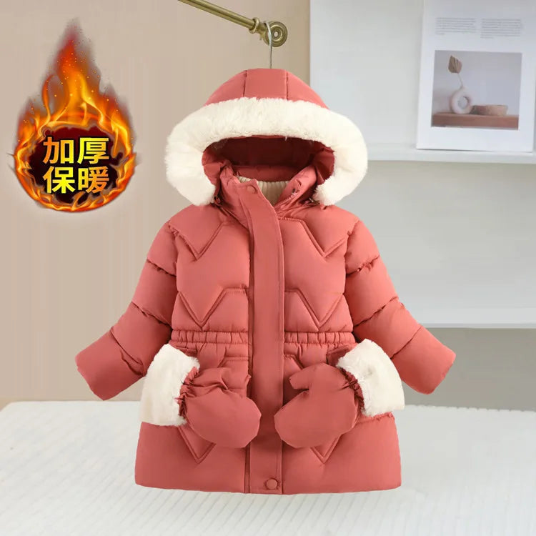 2025 Winter New Girls Jacket Long Solid Color Lining Berber Fleece Thick Warm Hooded Parka For 4-10Y Girls Bow Fashion Snowsuit