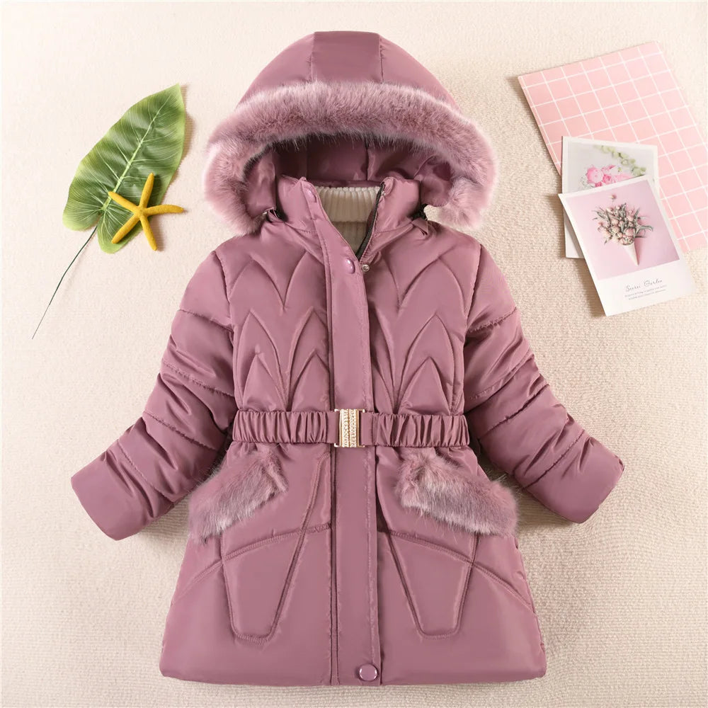 New Winter Keep Warm Girls Jacket  Waist Belt Design Detachable Hat Lining Plush Hooded Heavy Coat For Kids