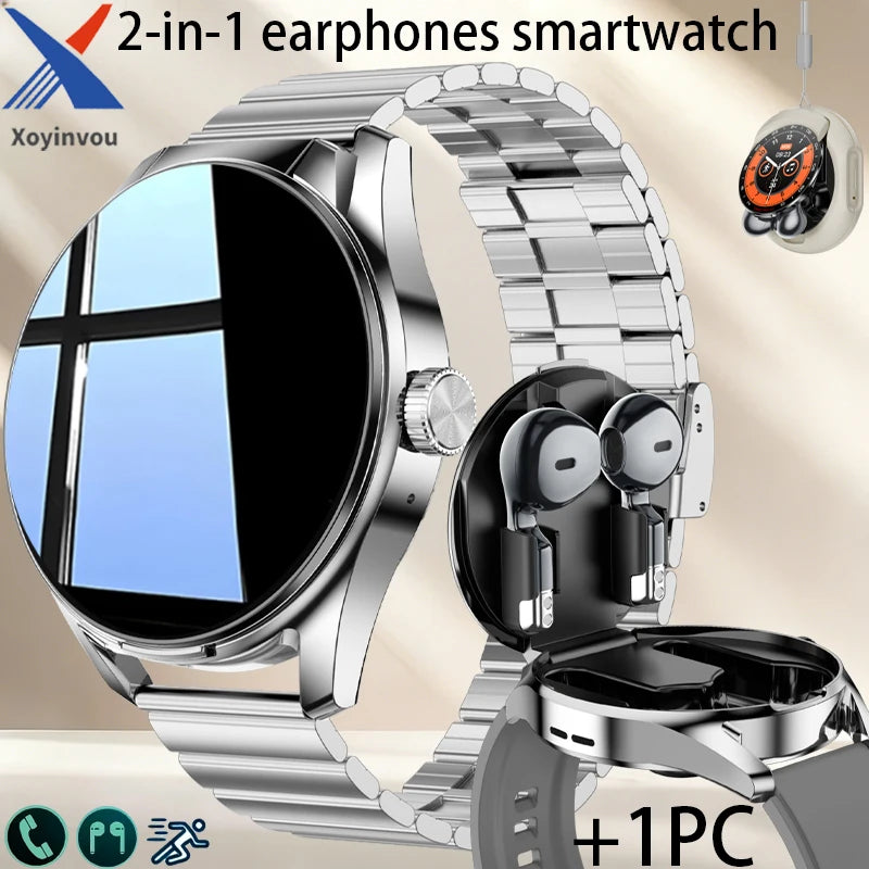 New TWS men's and women's watches, 2-in-1 smart watch, supports wireless calling, stylish round alloy case, intelligent sports f