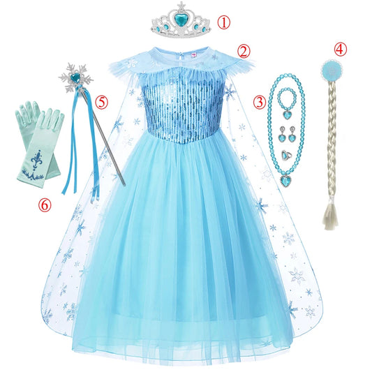 Girls Elsa Cosplay Dress Fancy Costume Girl Snow Queen Halloween Birthday Party Children Princess Clothes Cloak