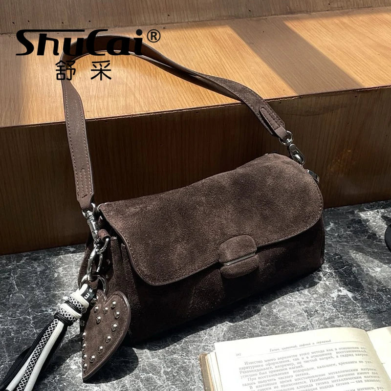 Genuine Grade Luxury Designer Women's Small Shoulder Crossbody Small Square Bags Suede Leather Female Daily Purse Underarm Bag