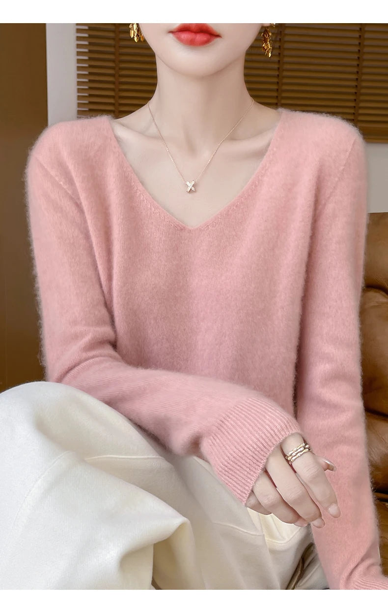 Fashion Pullover 100% Merino Wool Women Sweater V-Neck Long Sleeve Basic Jumper Spring Autumn Winter Clothing Knitwear Tops