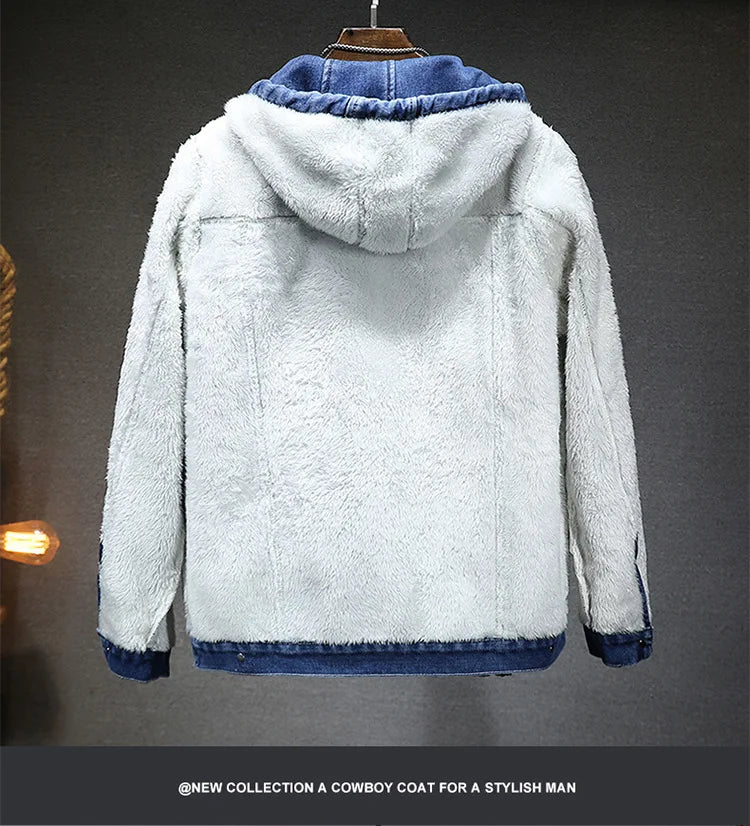 Thicker Winter Jacket Men Warmer Hooded Denim Lambswool Hooded and Padded Denim Jacket Imitation Lamb Wool Fleece Mens Clothes